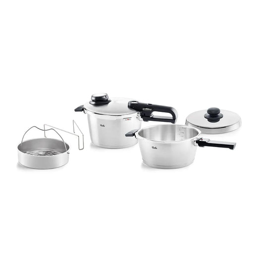 Set of stainless steel cookware on a white background