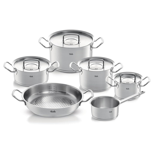Set of stainless steel cookware with lids on a white background