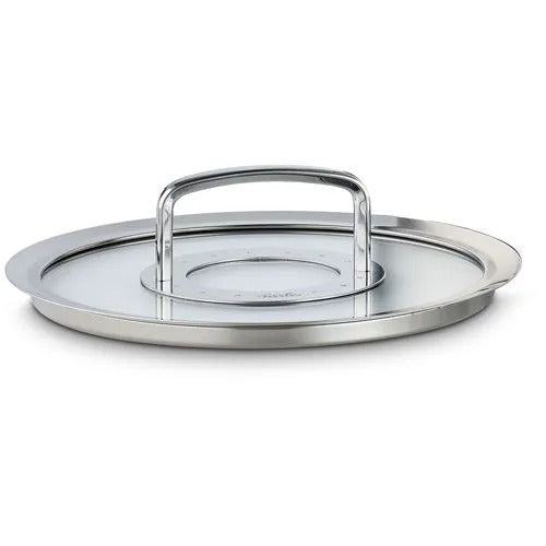 Stainless steel lid with handle on a white background