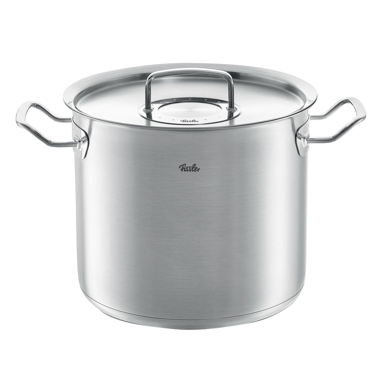 Stainless steel pot with lid on a white background