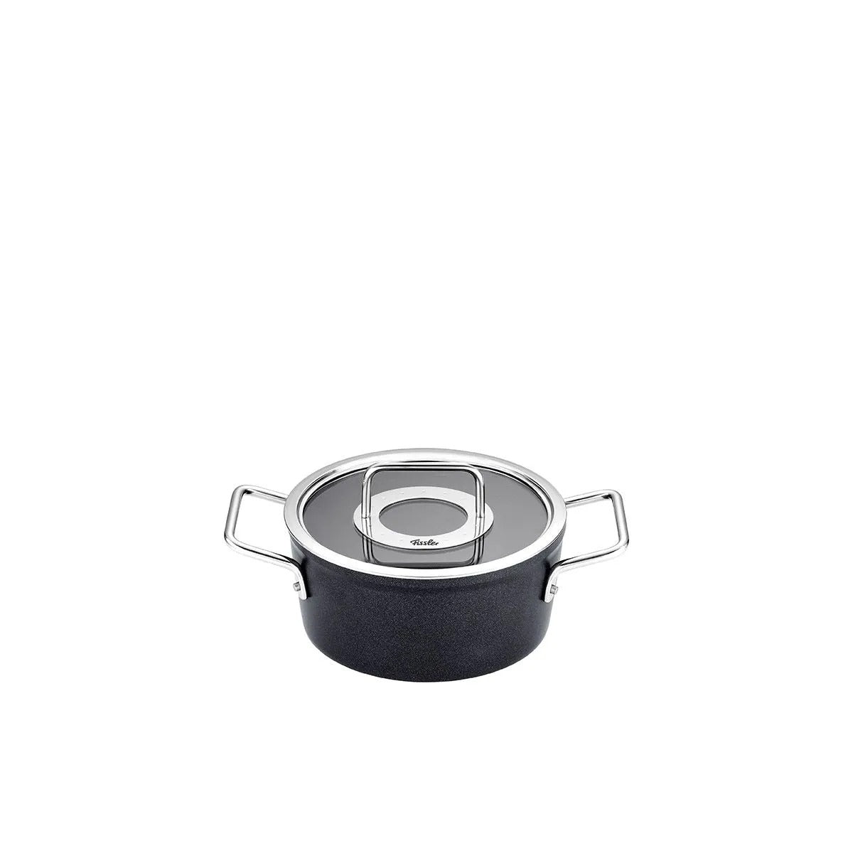 Black pot with a lid on a white background