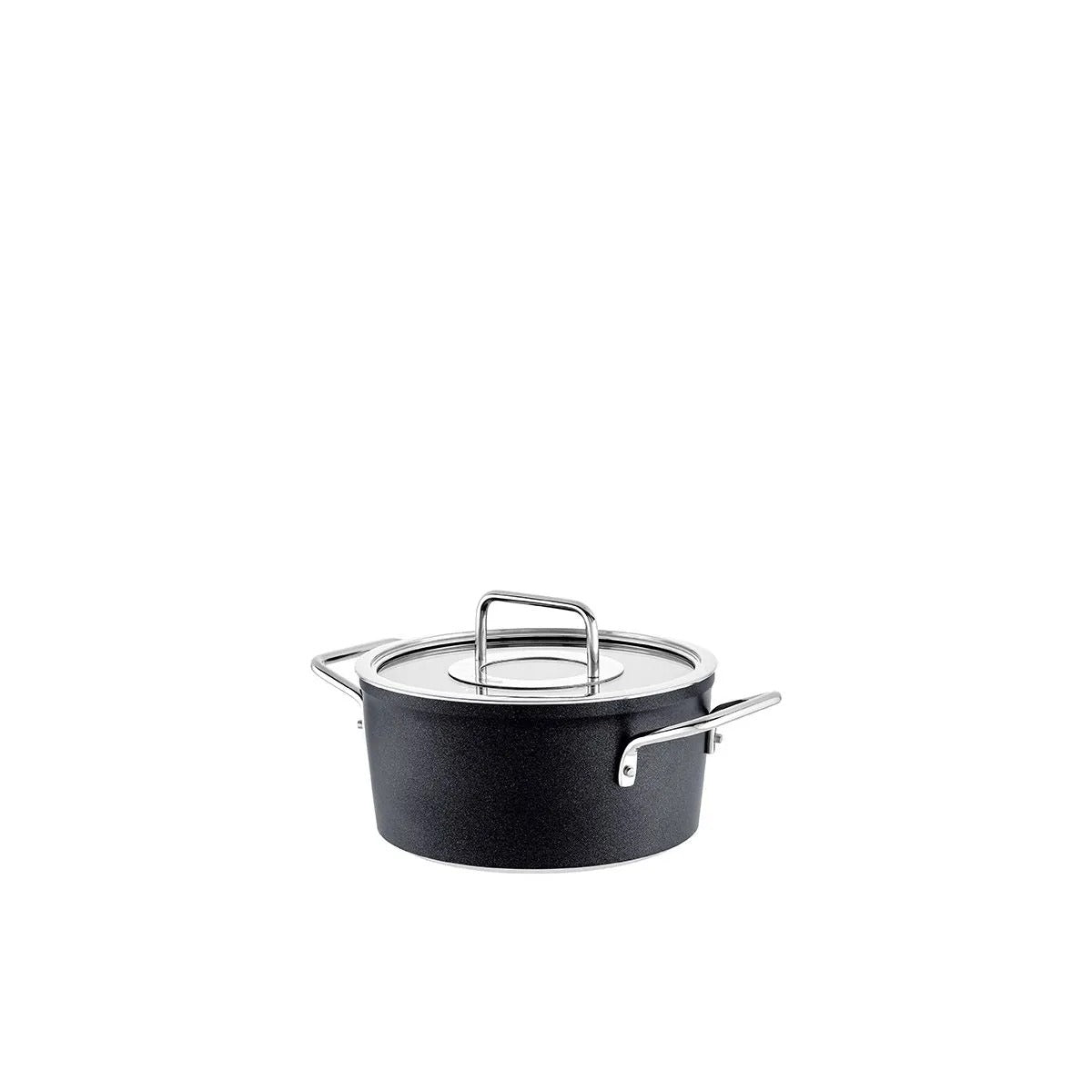 Black cookware pot with lid on a white background