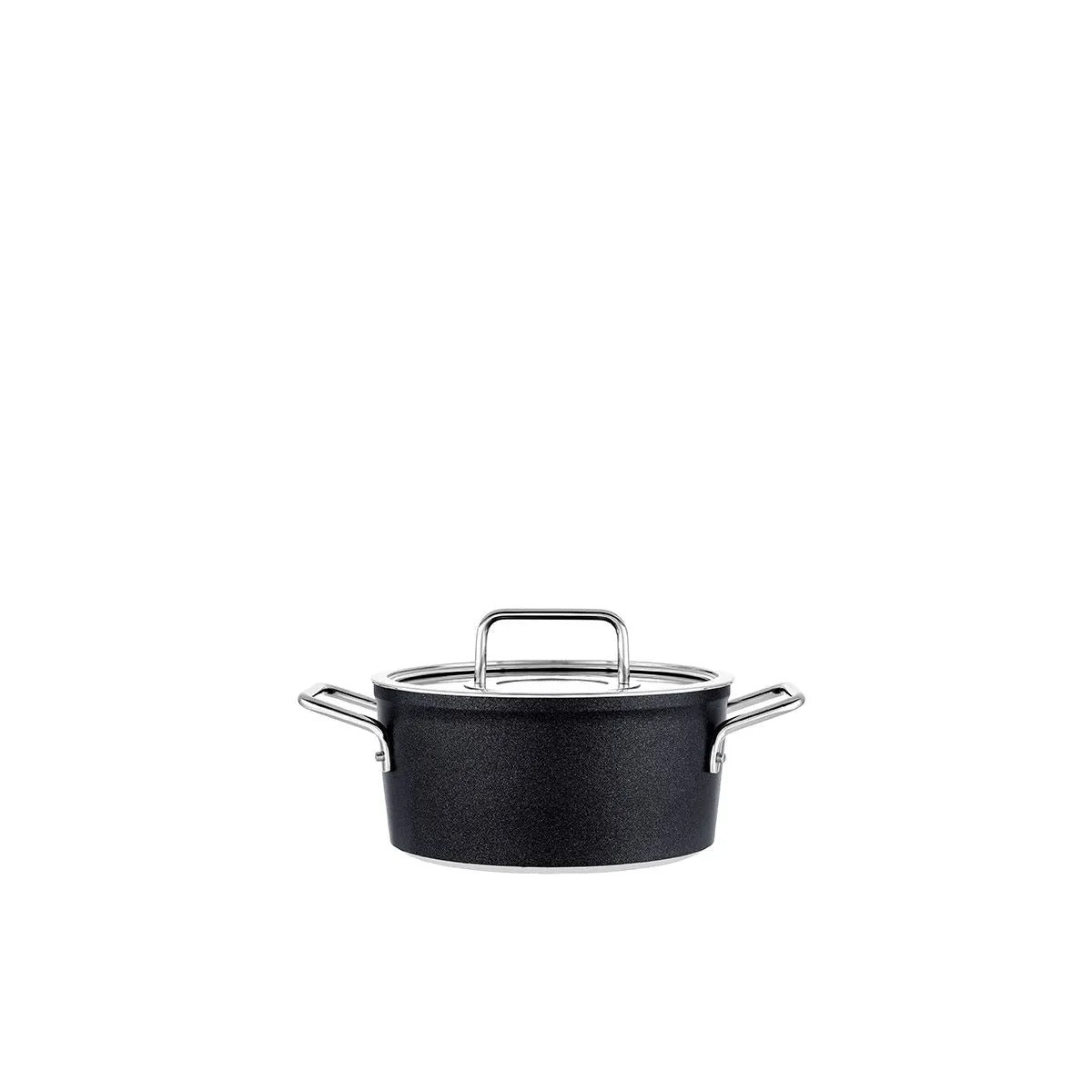 Black cookware pot with lid on a white background
