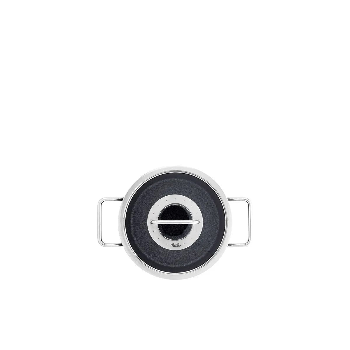 Round metal component with handles on a white background