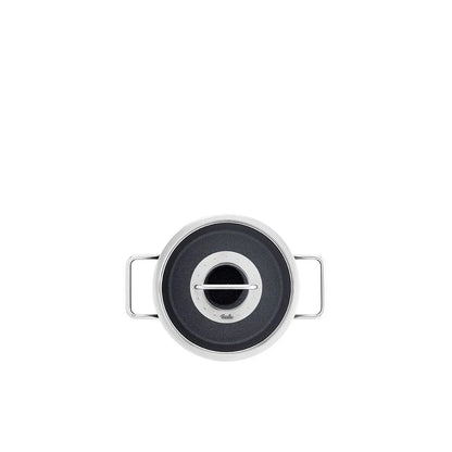 Round metal component with handles on a white background