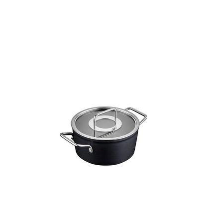Black pot with a lid on a white background