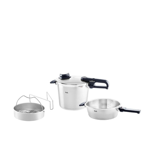 Set of stainless steel cookware including a pressure cooker and two pots on a white background