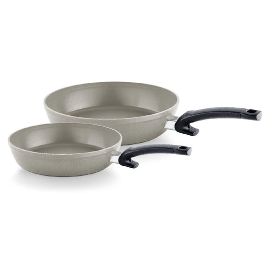Two gray frying pans with black handles on a white background