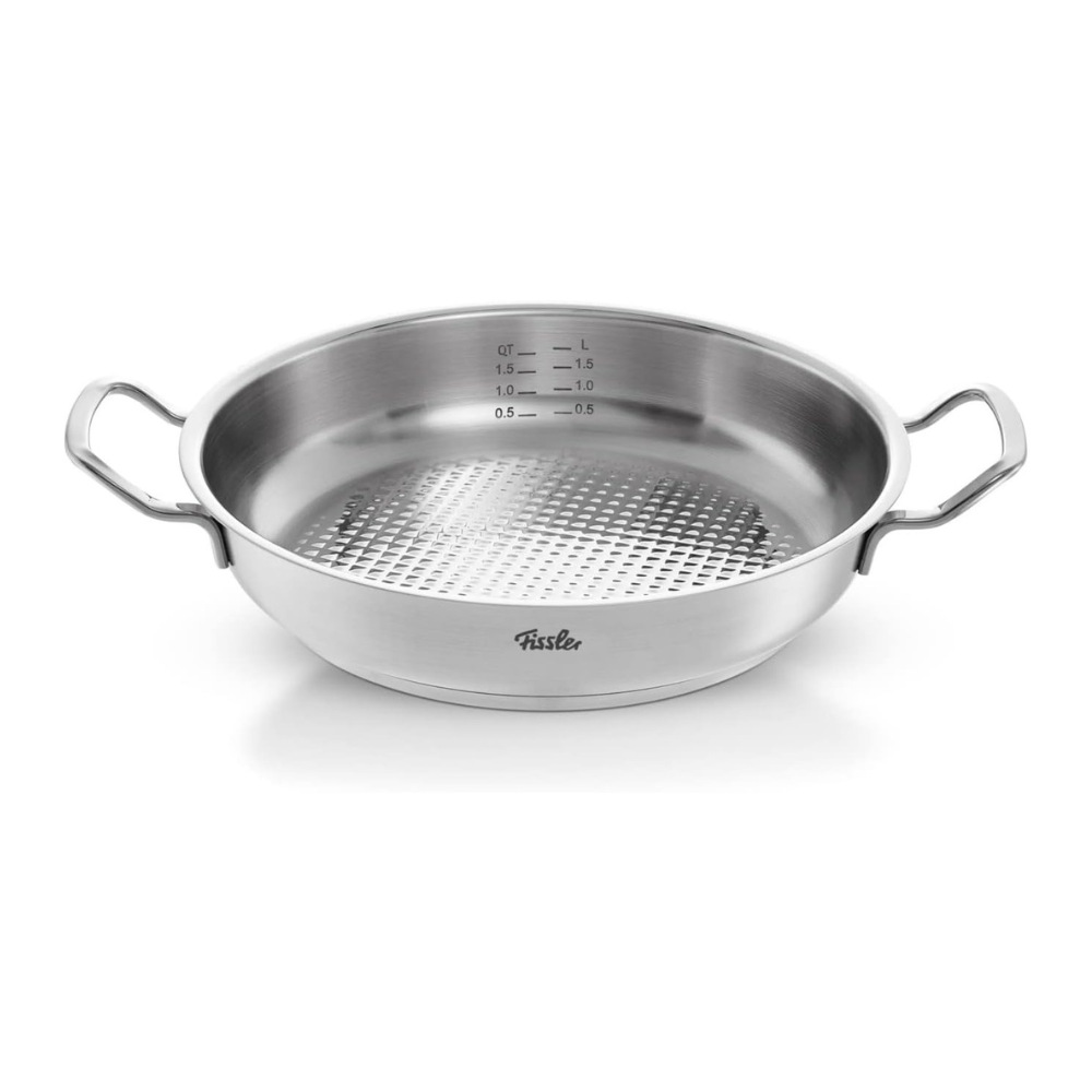 Stainless steel perforated pan with handles on a white background