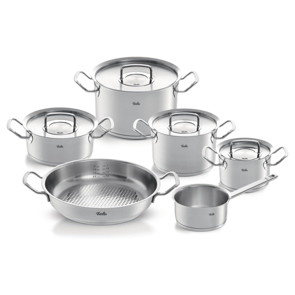 Set of stainless steel cookware with lids on a white background