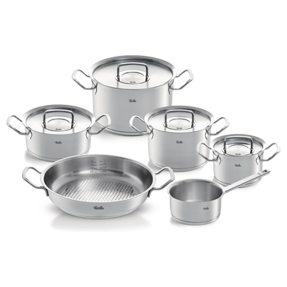 Set of stainless steel cookware with lids on a white background
