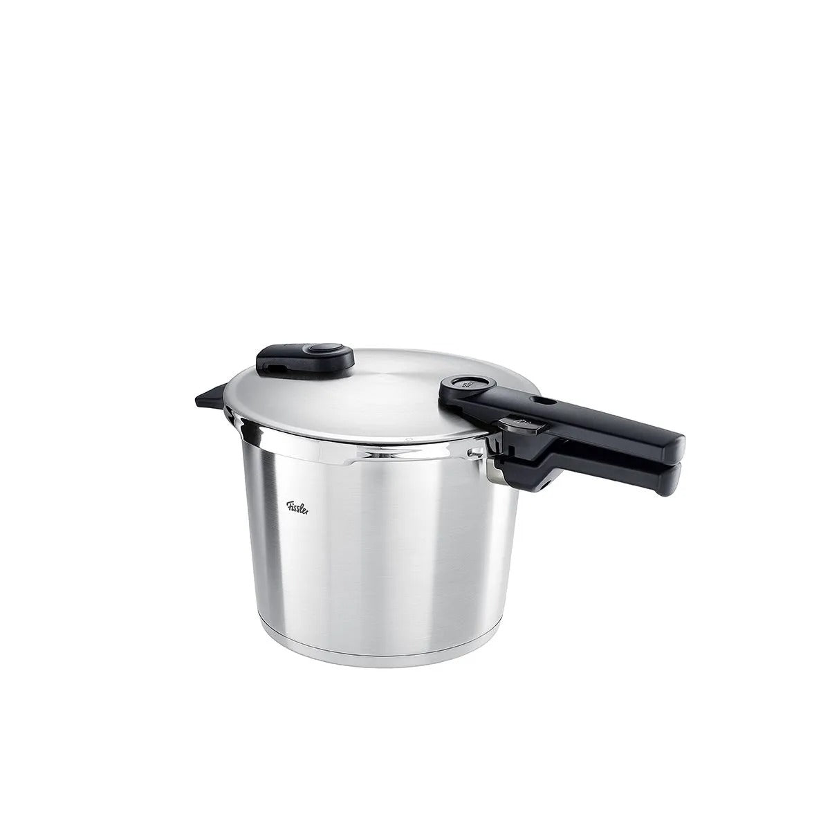 Stainless steel pressure cooker with black handle on a white background