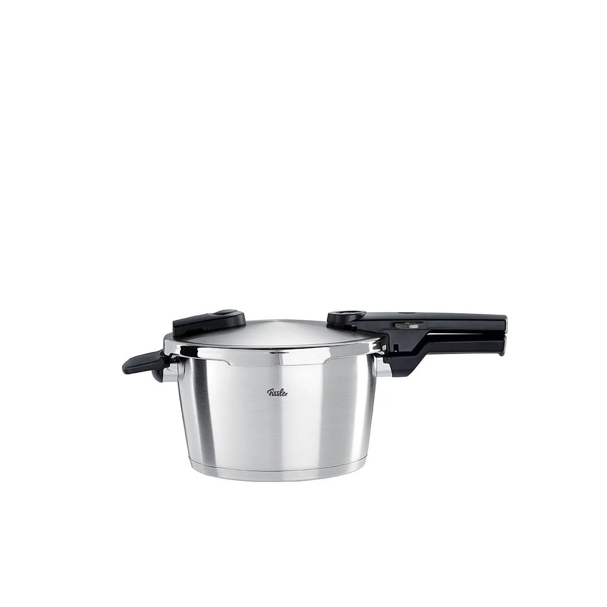 Stainless steel pressure cooker with black handles on a white background