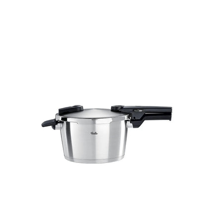 Stainless steel pressure cooker with black handles on a white background