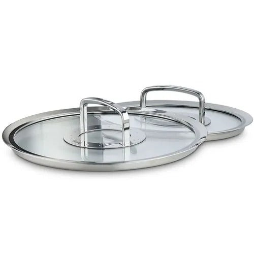 Stainless steel lid with handles on a white background
