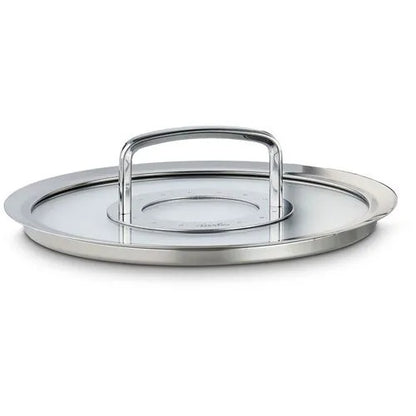 Stainless steel lid with handle on a white background