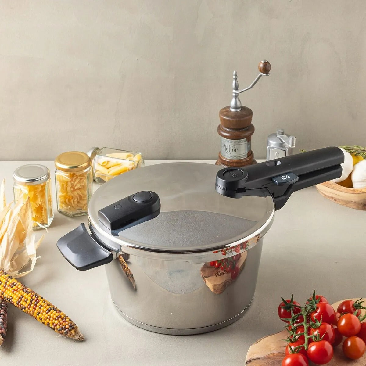 Stainless steel pressure cooker on a kitchen counter with vegetables and spices.