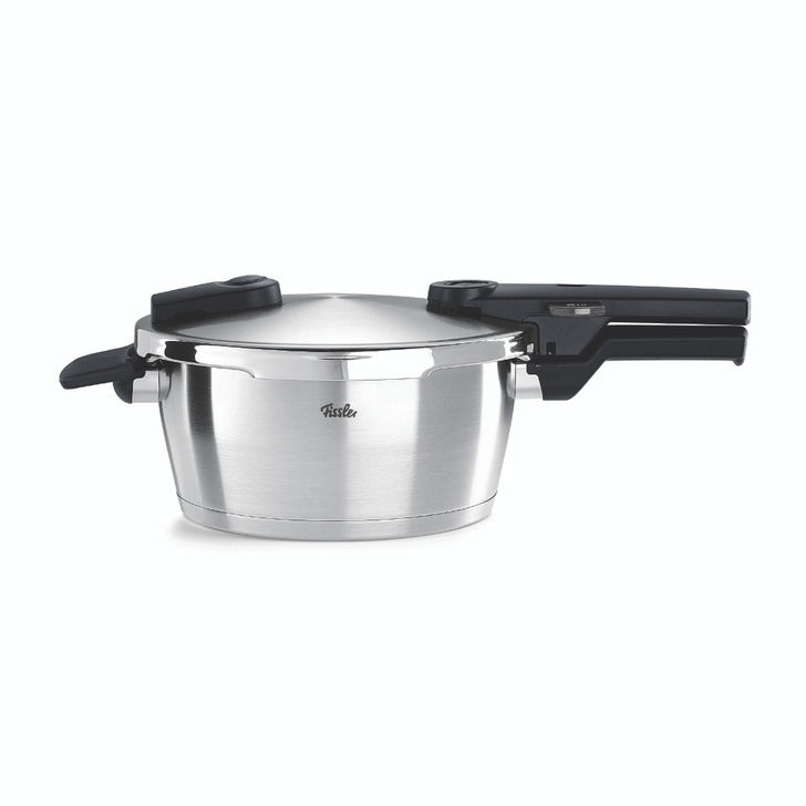Stainless steel pressure cooker with black handles on a white background