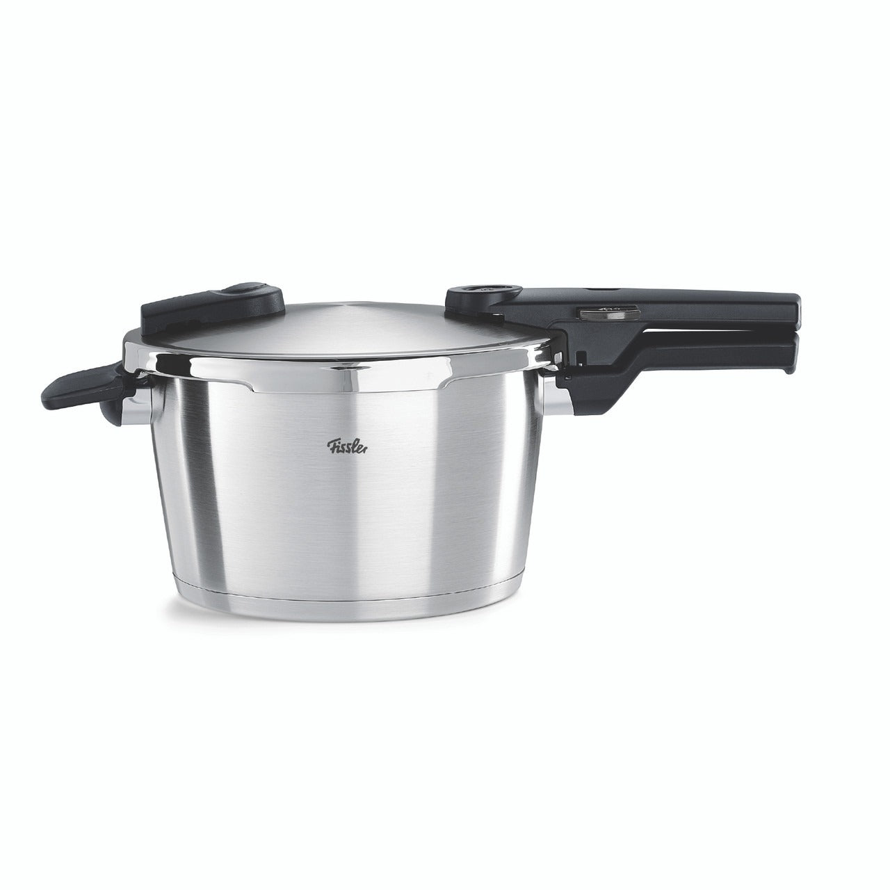 Stainless steel pressure cooker with black handles on a white background