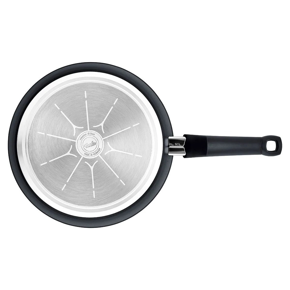 Black frying pan with a visible brand logo on a white background