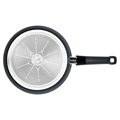 Black frying pan with a visible brand logo on a white background