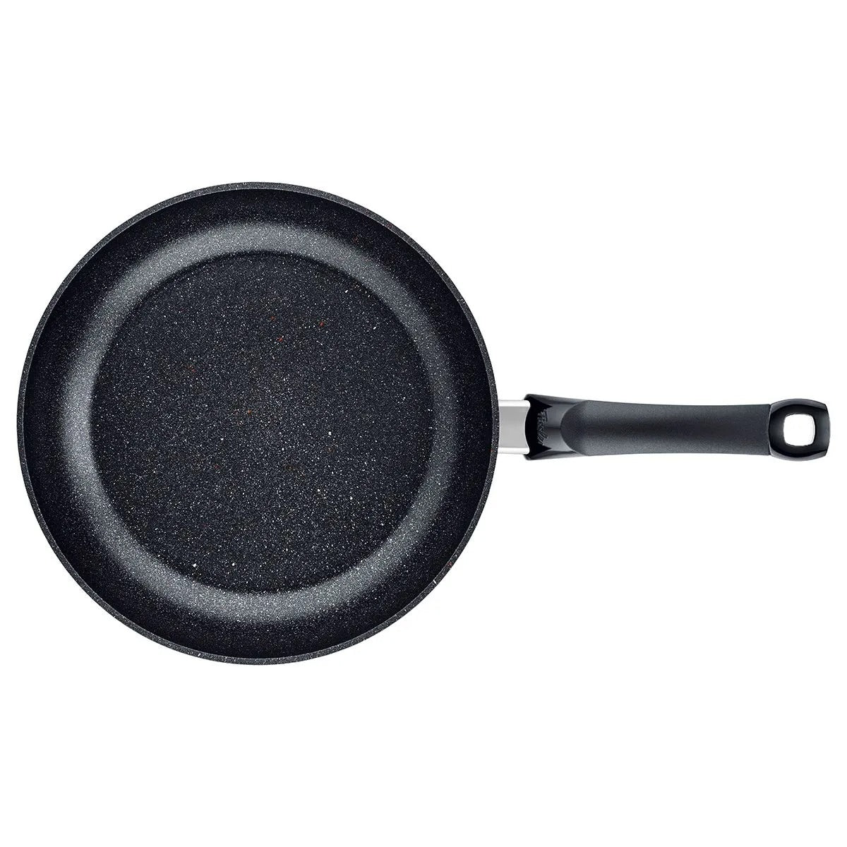 Black frying pan with a handle on a white background