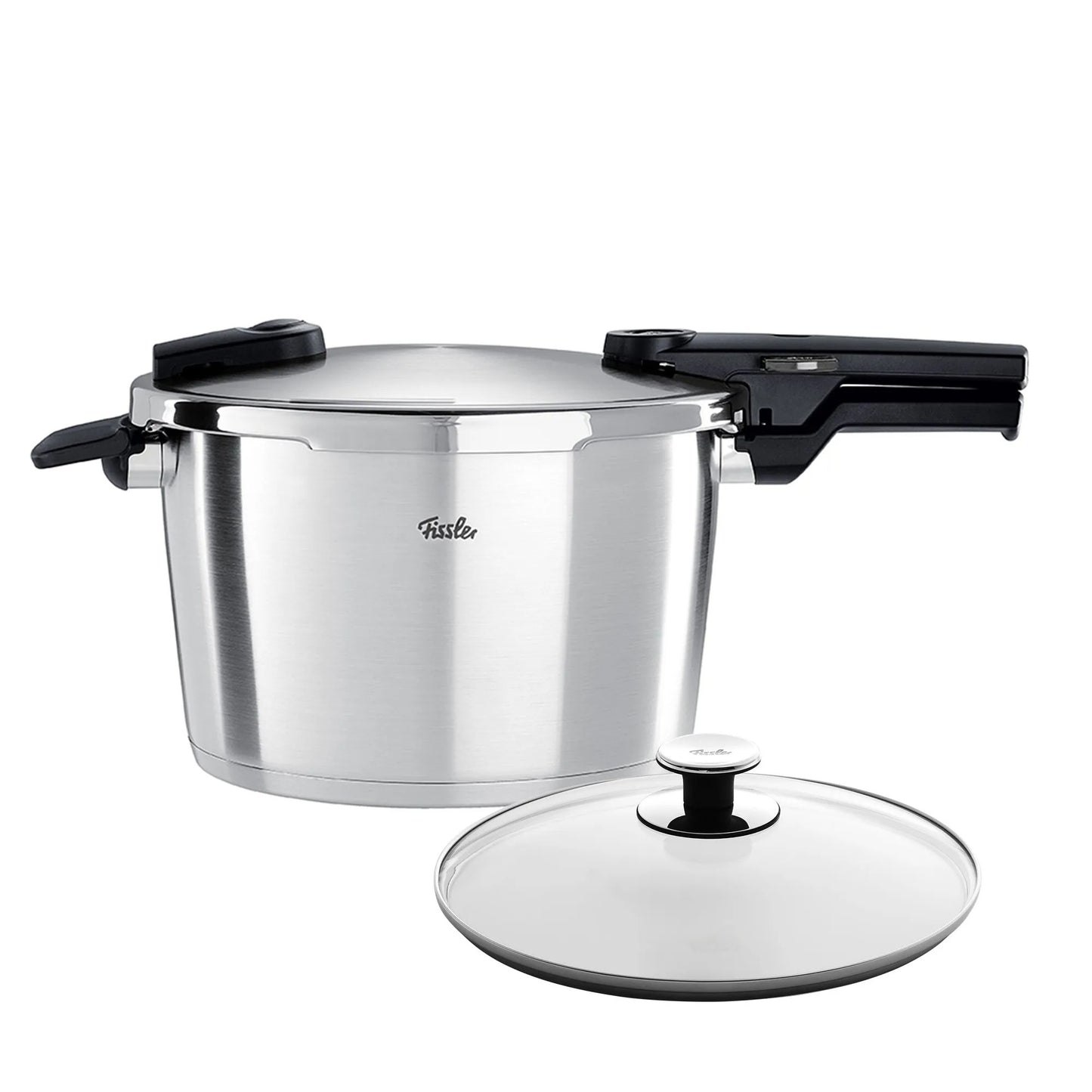 Stainless steel pressure cooker with lid on a white background