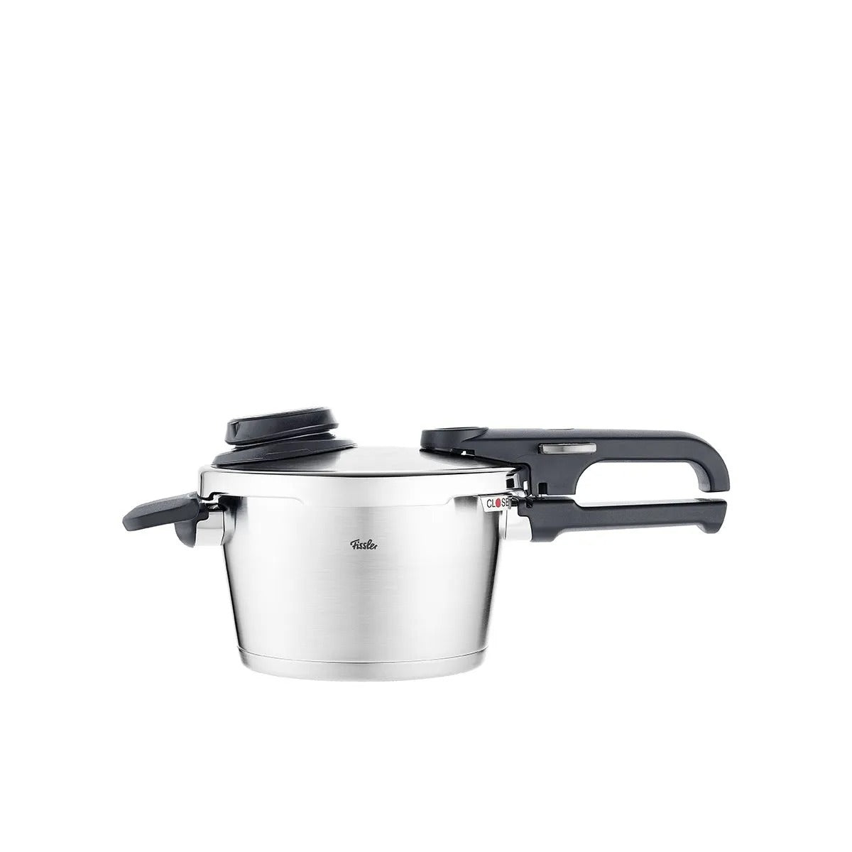 Stainless steel pressure cooker with black handle on a white background